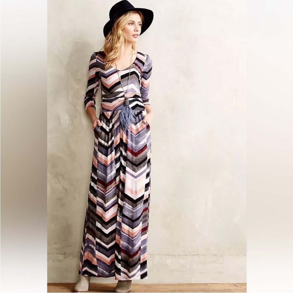 Anthropologie Maeve Novela Chevron 3/4 Sleeve Pink Maxi Dress Women’s Small NWOT